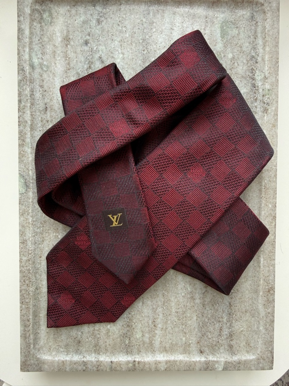 Louis Vuitton Damier Red Burgundy Checker Silk Tie - Picture 2 of 11